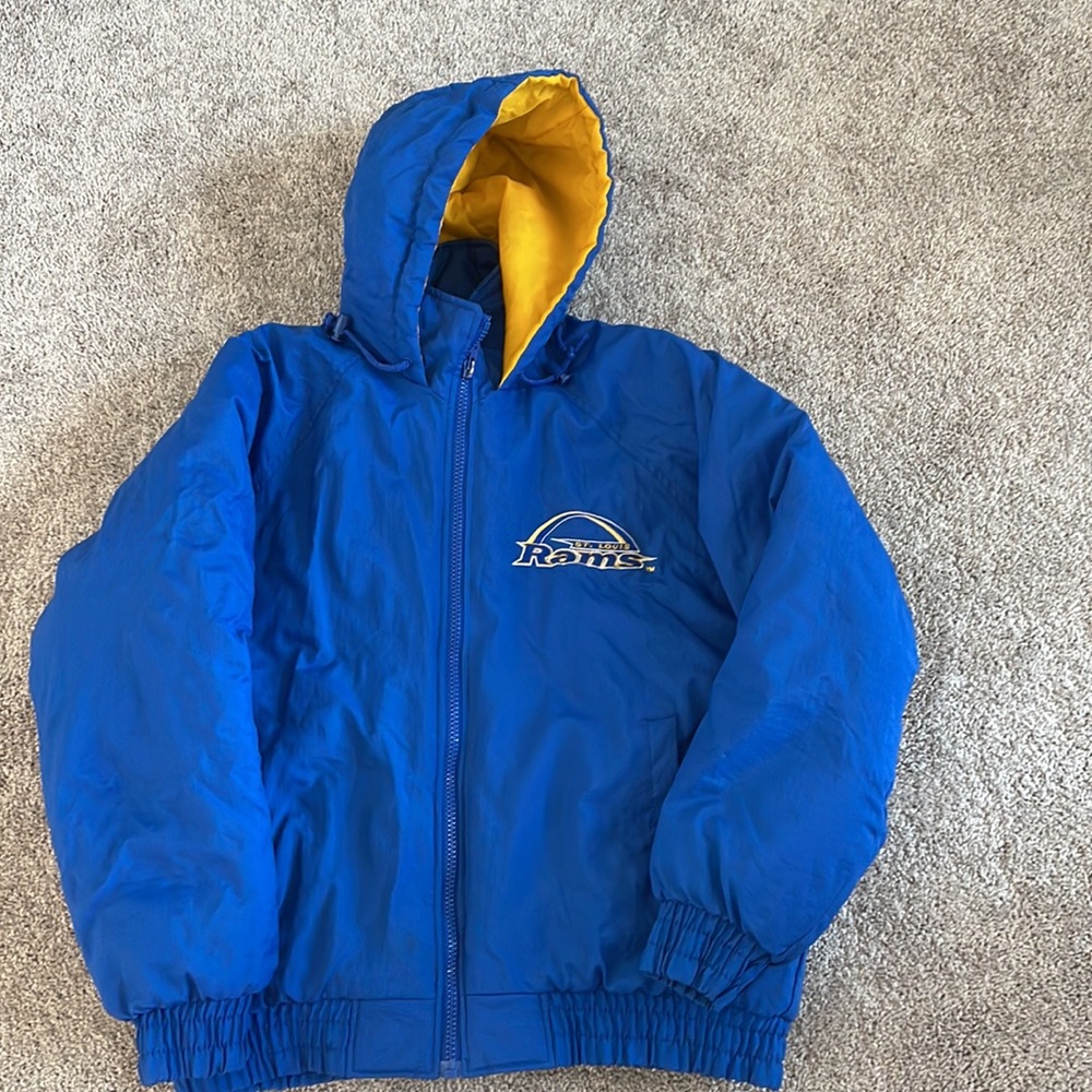 Vintage St Louis Rams Puffer Jacket NFL Game Day 90s Blue Yellow Hooded XL 27x27
